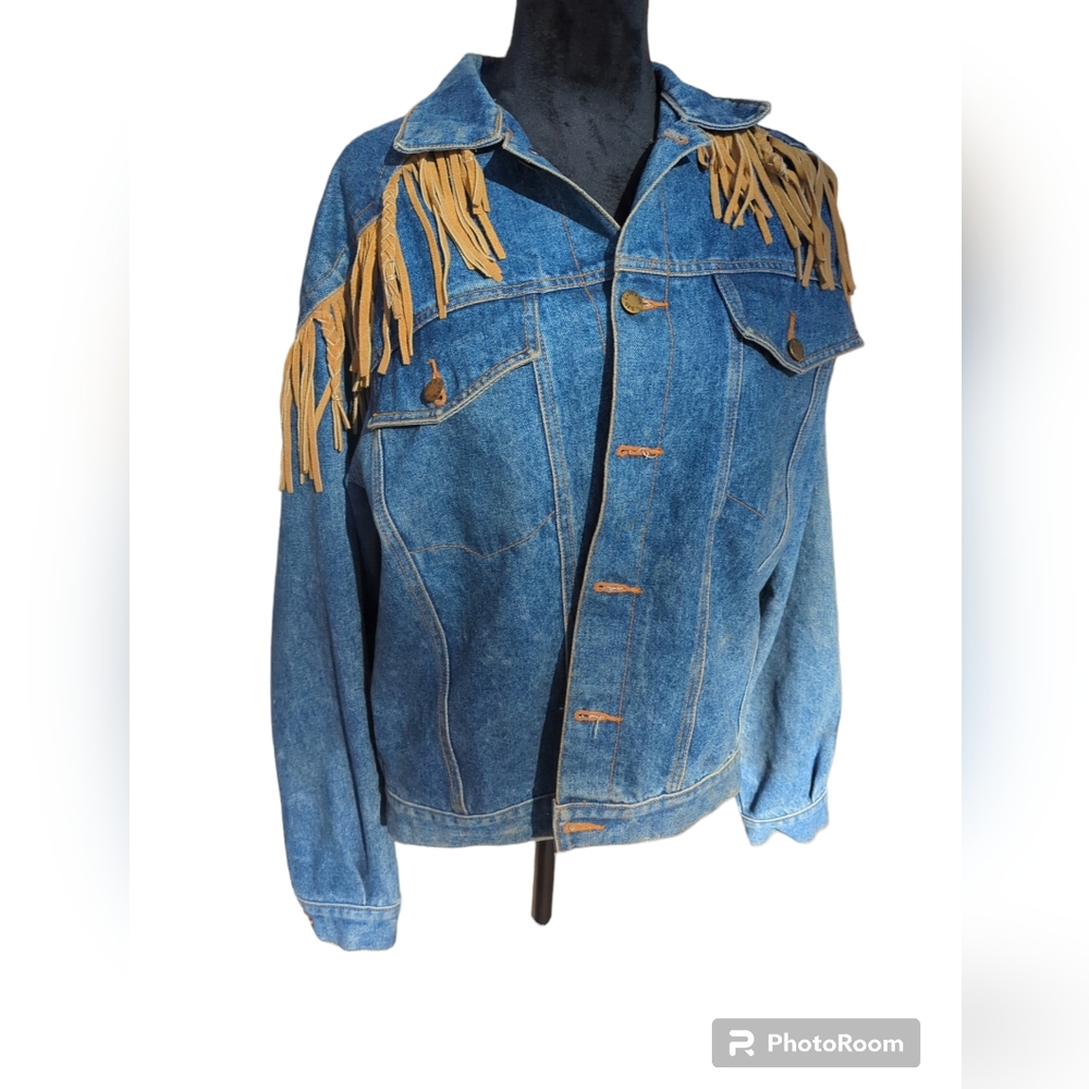 Vintage Boho 80s Blue Jean Denim Tan Suede Fringe  Jacket